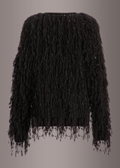 Schwarze wuschelige Fransen Strickjacke