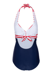 Blauer Damen Badeanzug mit roten und weißen Streifen in Wickeloptik