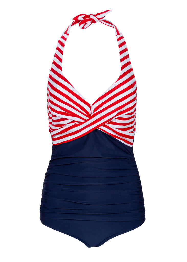 Blauer Damen Badeanzug mit roten und weißen Streifen in Wickeloptik