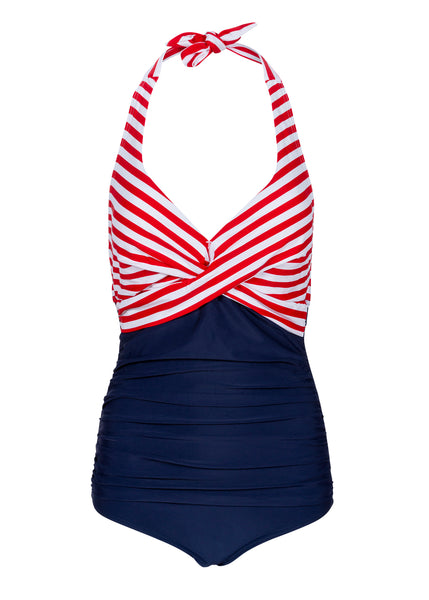 Blauer Damen Badeanzug mit roten und weißen Streifen in Wickeloptik