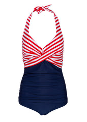 Blauer Damen Badeanzug mit roten und weißen Streifen in Wickeloptik