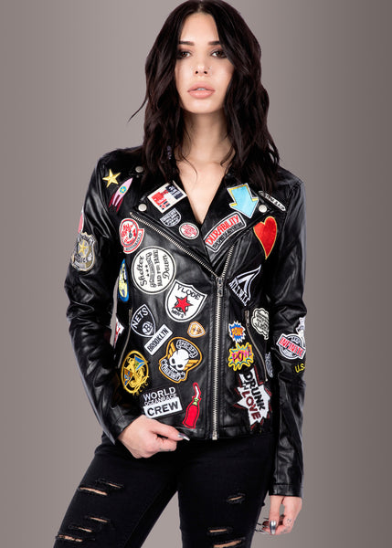 Rebel Rebel Kunstleder Biker Jacke mit Patches