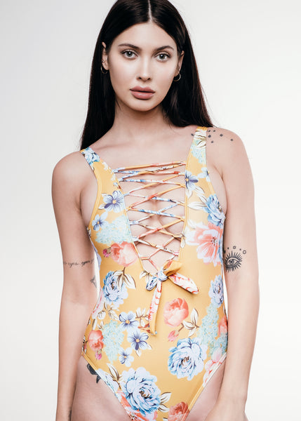 Gelber Blumen Badeanzug