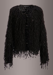 Schwarze wuschelige Fransen Strickjacke