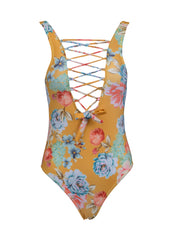 Gelber Damen Badeanzug mit Blumen
