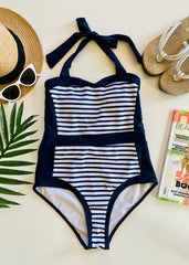 blau gestreifter neckholder badeanzug