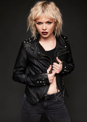 Schwarze Damen Lederjacke mit Nieten