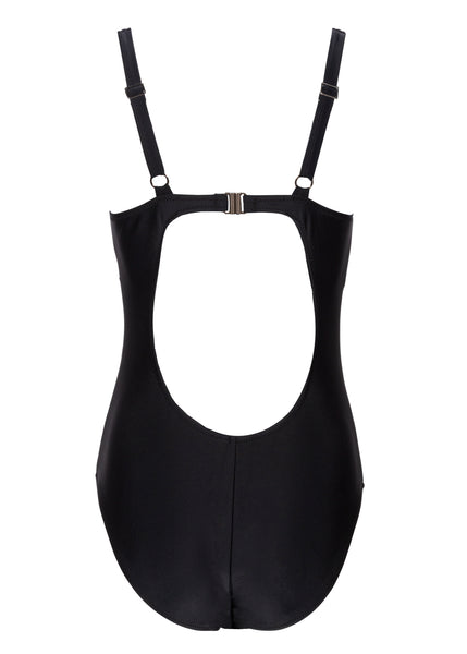 Schwarz-weiß gestreifter Damen Badeanzug in Wickeloptik